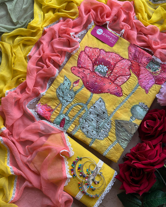 Bright festive printed cotton suit with highlights and tricolour dupatta