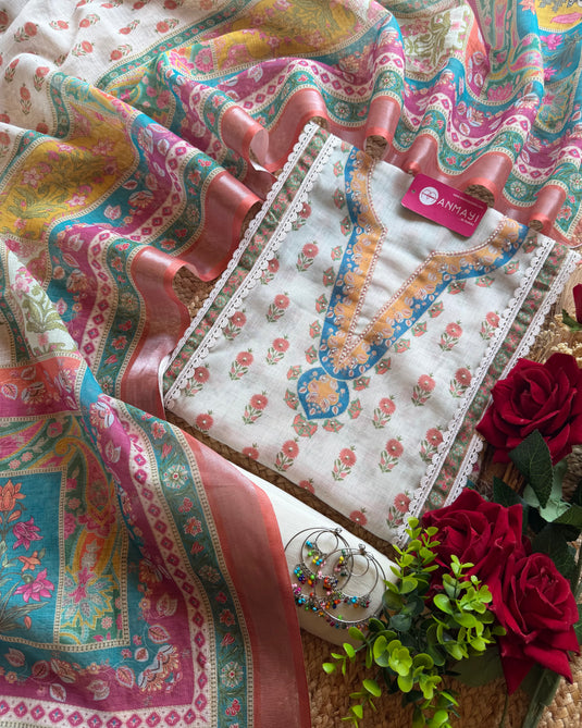 Pakistani pearl details flower linen suit set