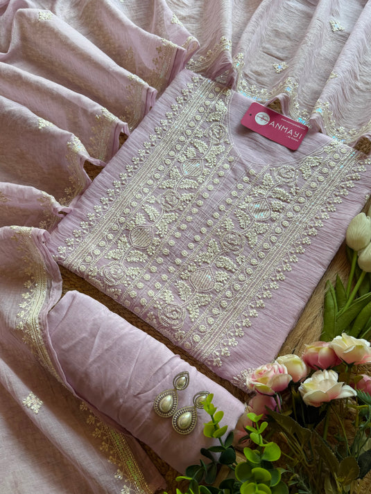Lucknawi cutdana work pastel Mul Chanderi suit set