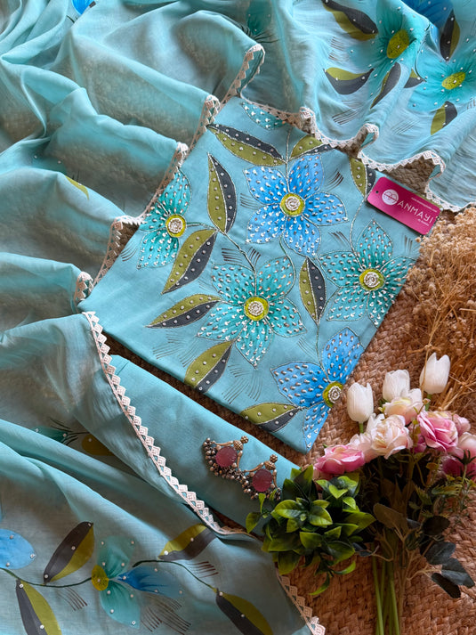 Mul Cotton Chanderi Handpaint suit with highlights