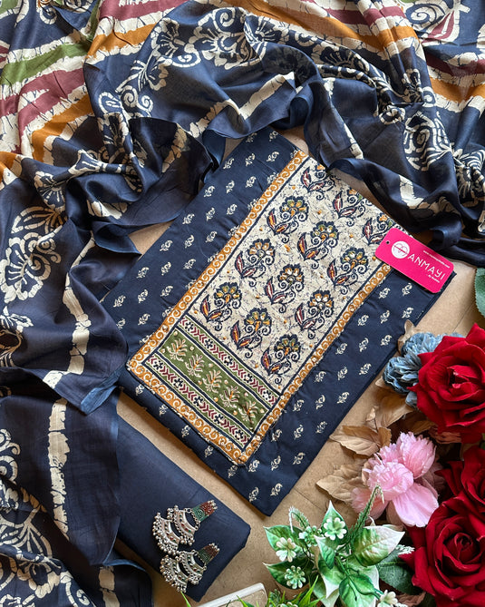 Patterned floral neck printed cambric cotton suit set