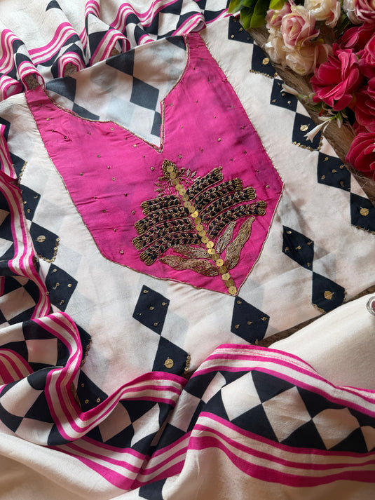 Pink noir abstract upada silk suit set