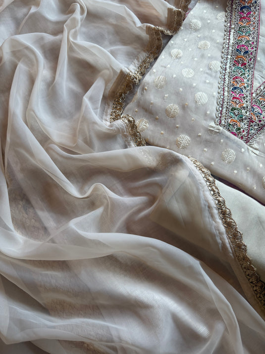 Soft shimmer georgette ivory jacquard work suit set