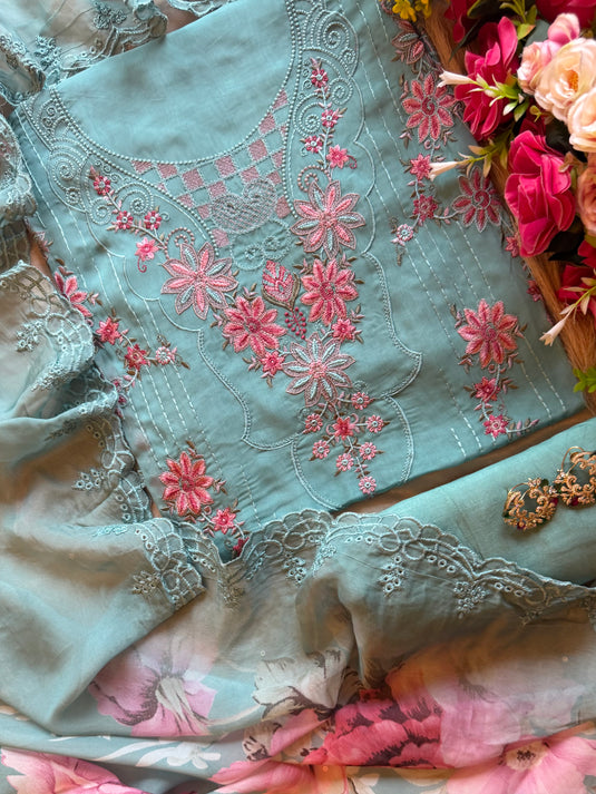 Pakistani threads work soft organza suit set