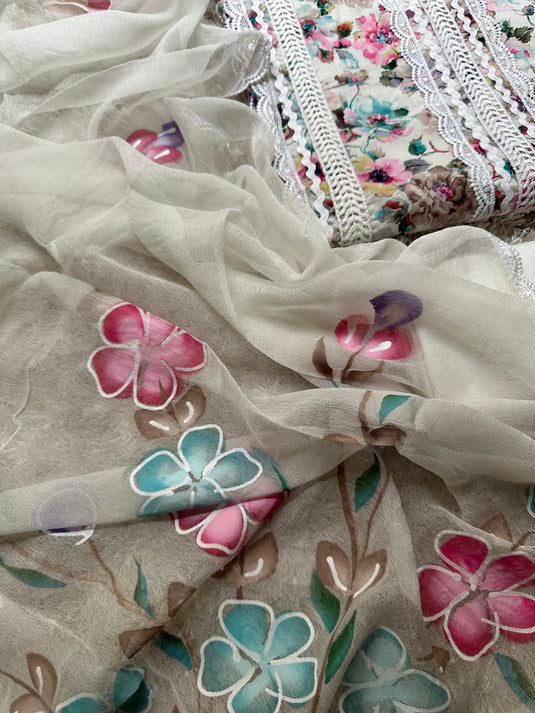 Patterned lace work suit with digital print on muslin cotton fabric