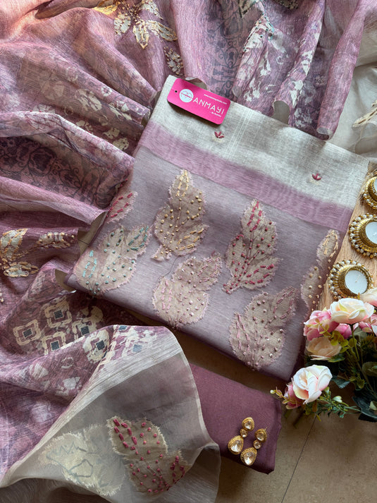 Jamdani silk suit set with organza patch and French knots neck