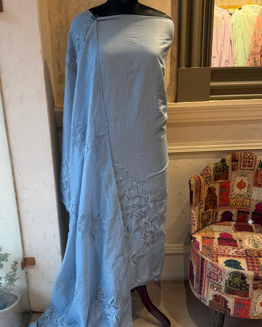 Cutwork applique pastel Mul Chanderi suit set