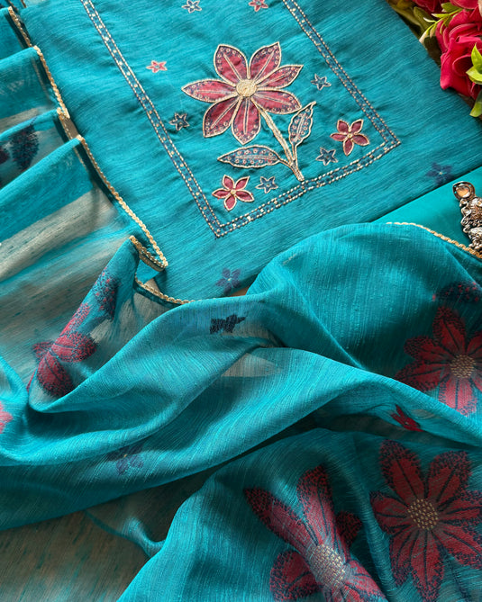 Turquoise blue red flower Jamdani suit set