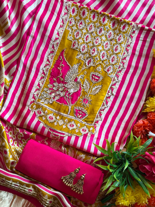 Stripes pink yellow bird motif pure Gajji silk suit set