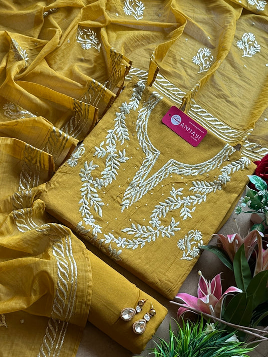 Anarkali pita work festive Mul Chanderi suit set