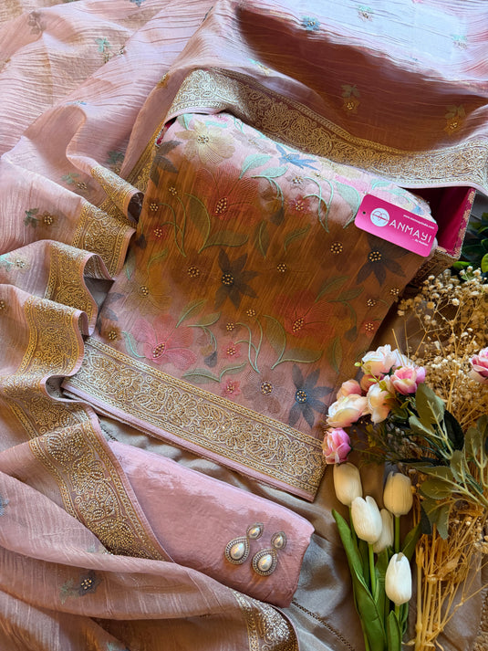 Crushed Organza french pastel work suit set