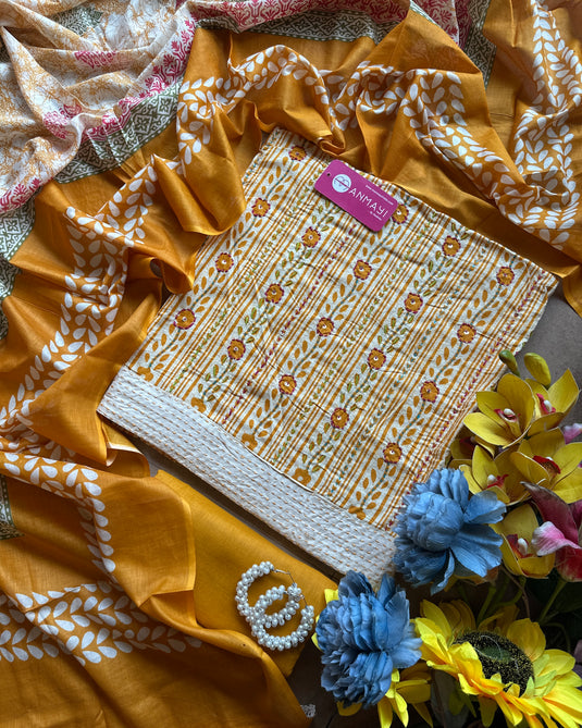 Katha work printed cambric cotton suit set