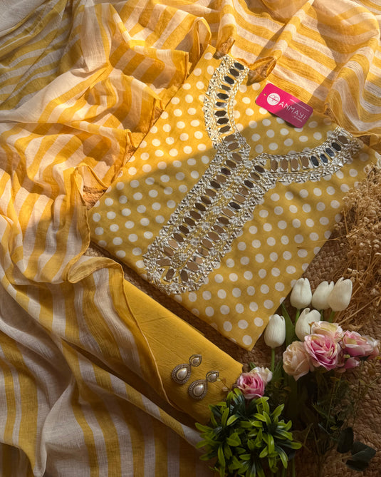 Mul cotton polka dots mirror work suit set