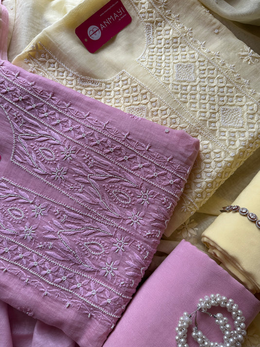 Pastel pure Mul suit set with Chikankari pearl work