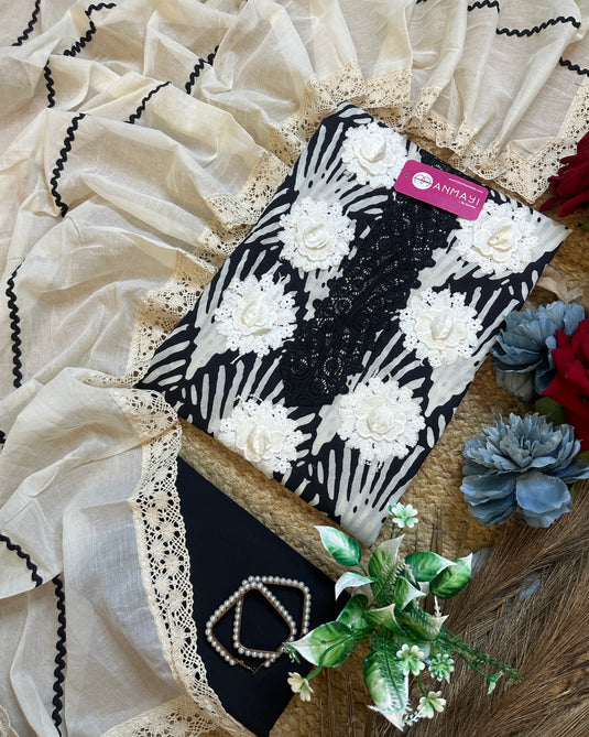 Abstract print crochet 3D neck cotton suit set