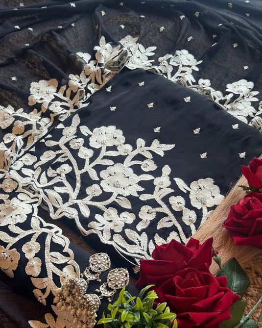 Karachi patterned aari work black fine chinnon suit set