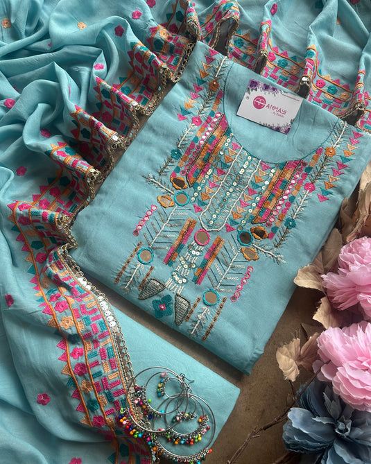 Boho looks mirror work mul chanderi suit set