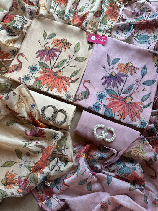 Pastel soft chanderi swan print suit set with knot work details