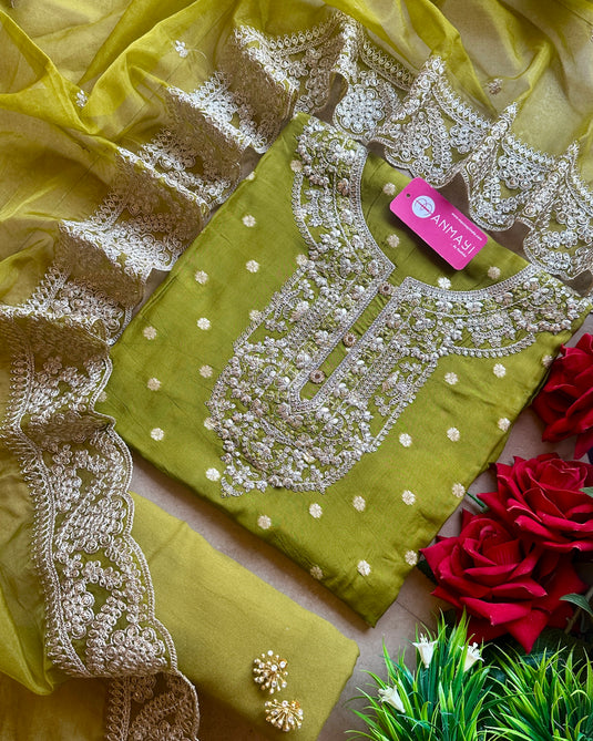 Banarasi organza gold thread work suit set with embroidered stole