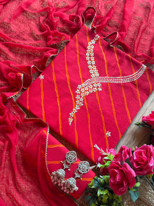 Jewelled pita neck pure cotton lehria print suits with chiffon highlights dupatta