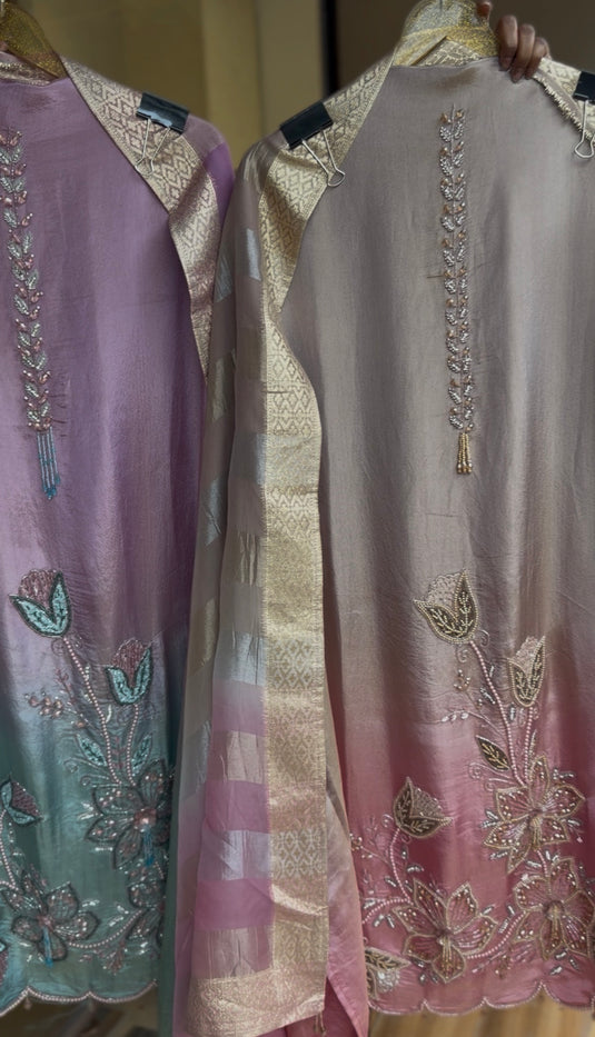 Intricate 3D embroidered shimmer silk suit set