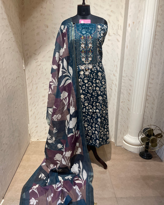 Leafy bright jaam cotton suit set with combination dupatta