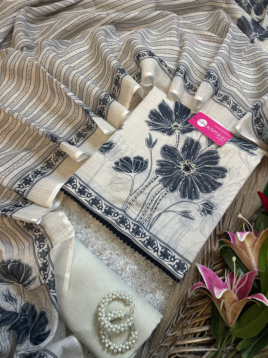 Pure linen beige black Kantha highlights suit