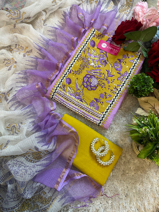 Kantha yog neck in soft cotton and Kota block print dupatta