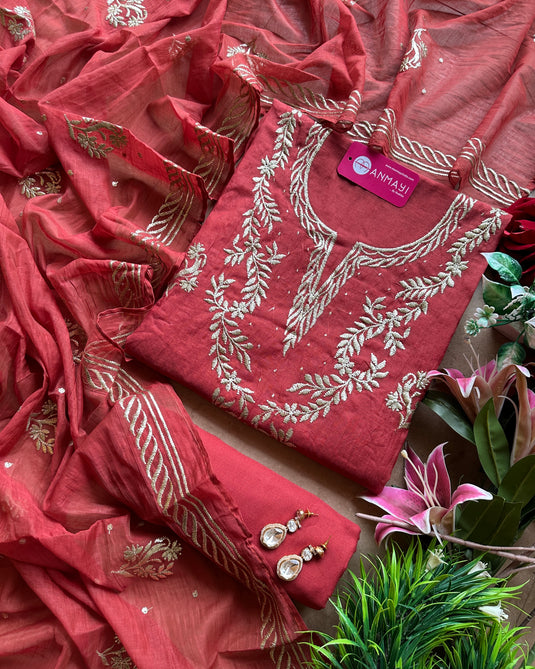 Anarkali pita work festive Mul Chanderi suit set