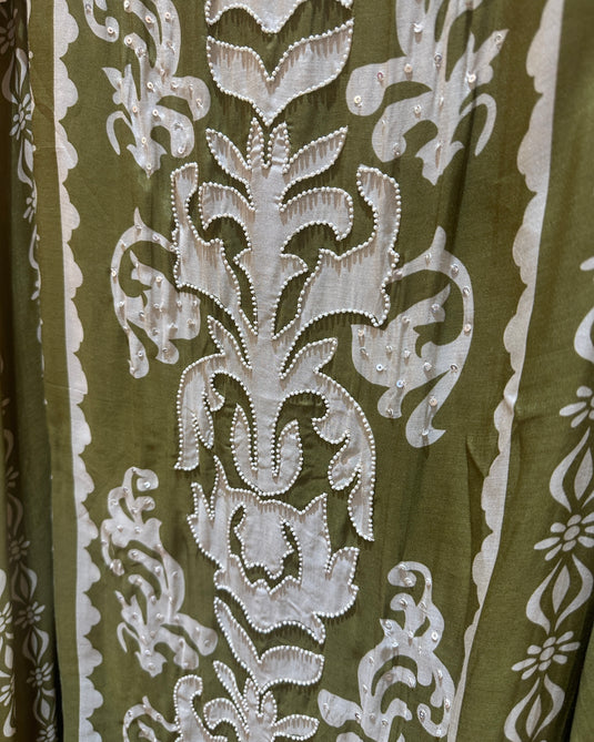 Pure muslin panel print suit with pearl details