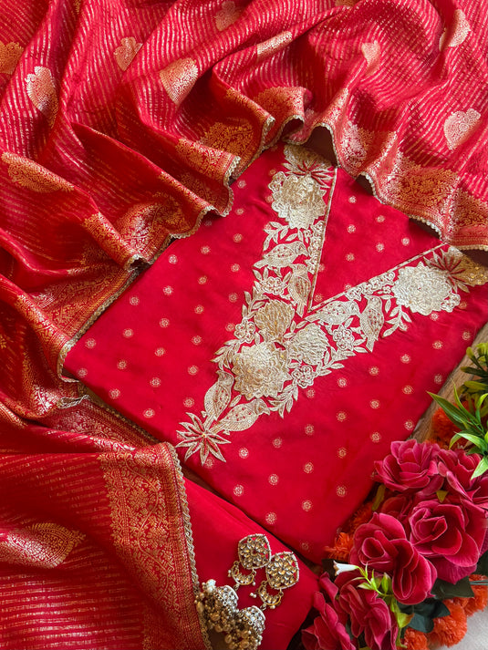 Sparrow neck Dolla silk suit set with Banarasi jacquard dupatta