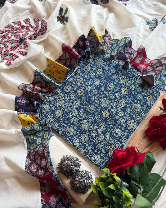 Patched cotton dupatta with ajrakh cotton suit set