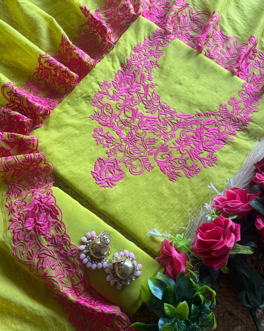 Parsi work embroidered soft mul chanderi suit set