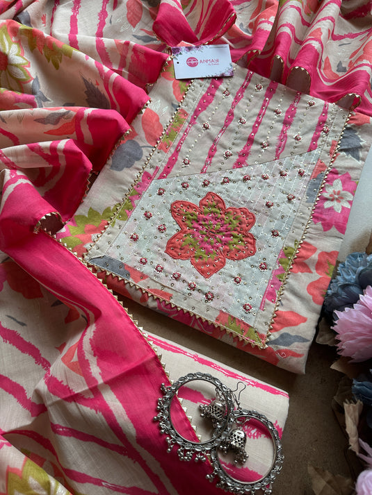 Embroidered yog neon pink pure cotton suit set