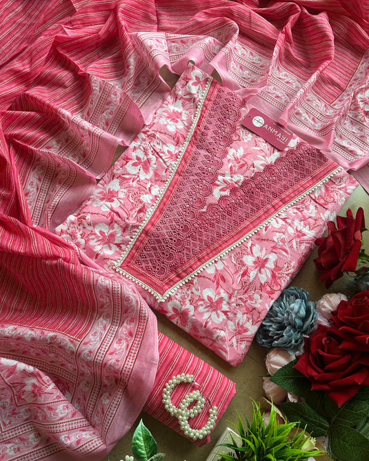 Daylight pastel crochet v neck suit set with cotton dupatta