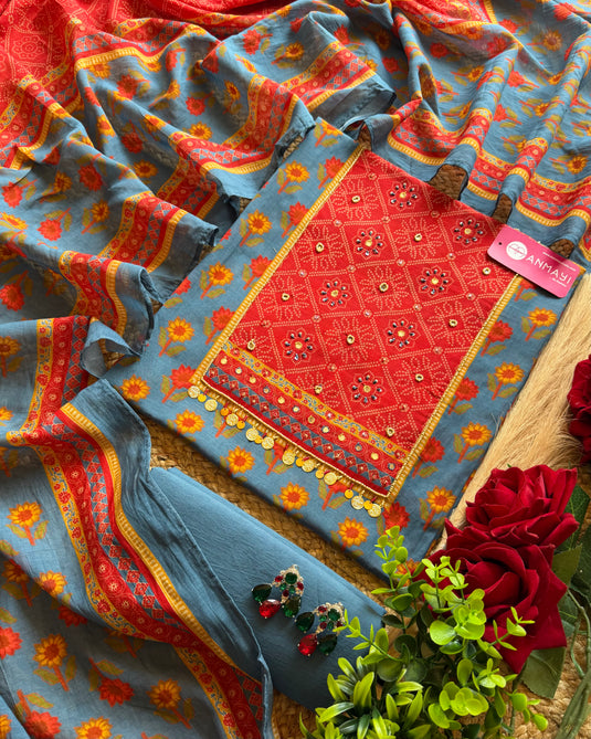 Floral Bandhani fusion mul cotton suit set