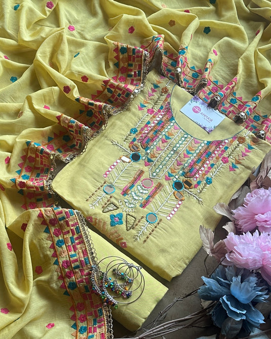 Boho looks mirror work mul chanderi suit set