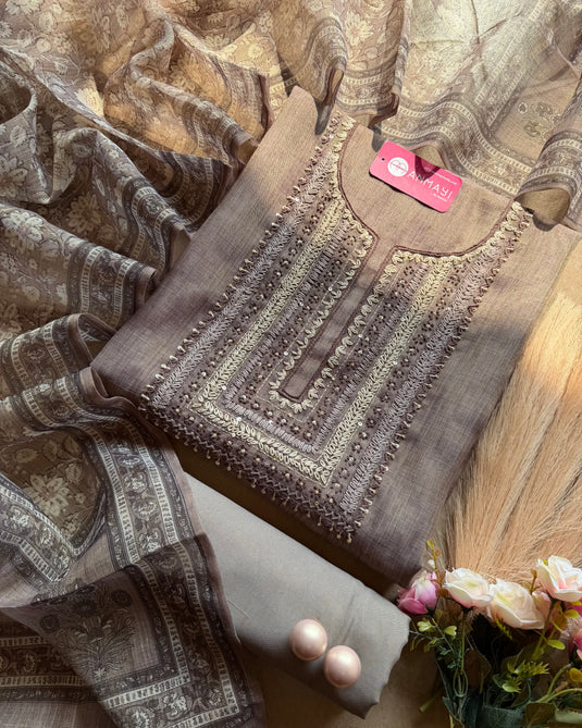 Shimmer linen floral french knot work suit set