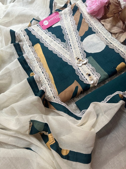 Abstract dark shades hakooba lace patterned pure cotton suit set