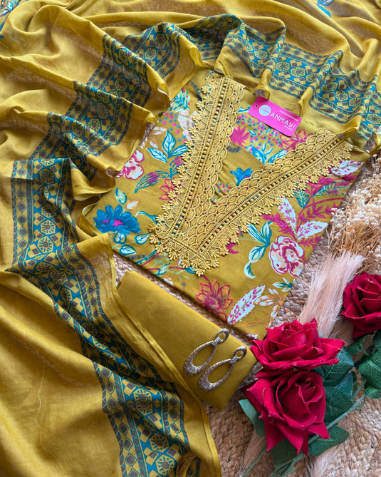 Floral V neck Pakistani Cambric cotton suit set