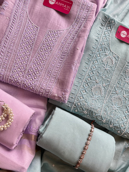 Pastel pure Mul suit set with Chikankari pearl work