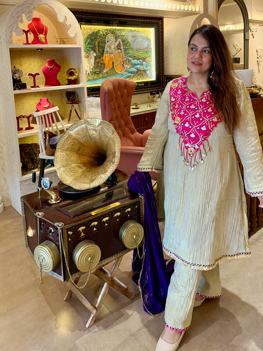 Crushed tissue ready to wear boho neck A line suit with georgette dupatta