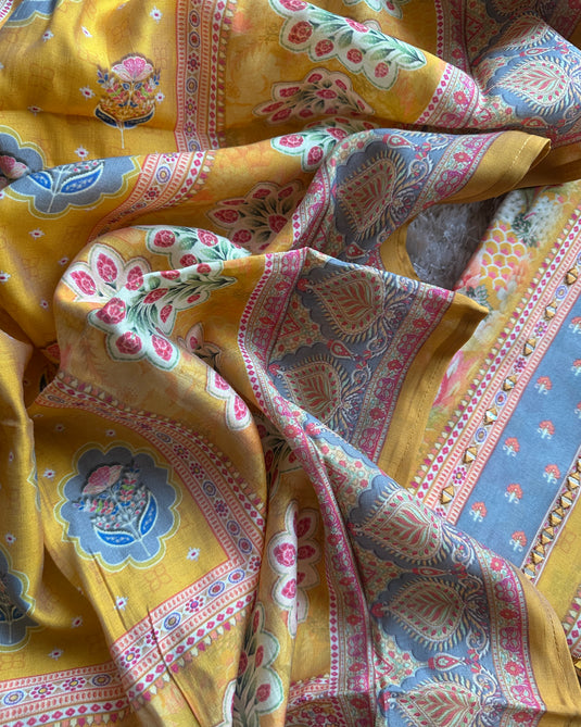 Persian print yellow grey mirror highlights muslin modal suit