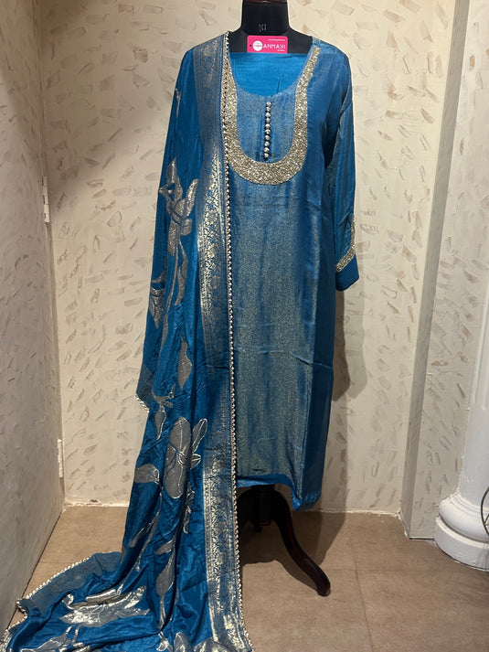 Shimmer lines cutwork u neck with potli buttons and jacquard dupatta