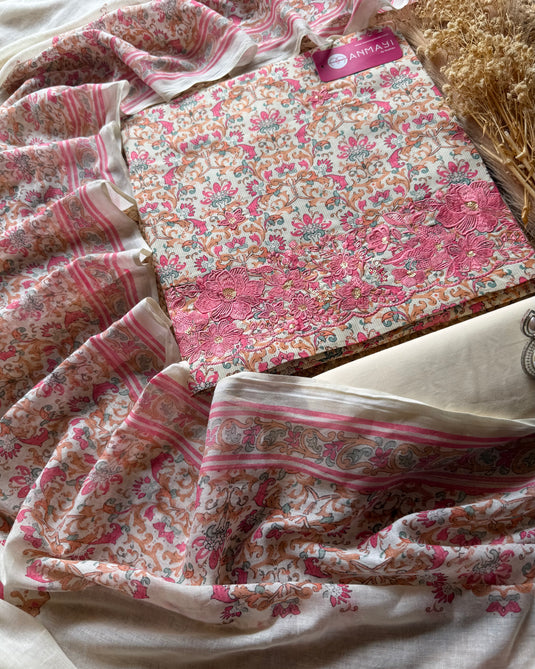 Printed cotton embossed border work suit set