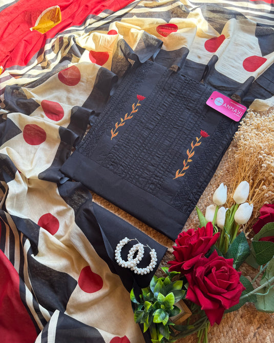 Cotton pintex machine embroidery neck with Mul cotton print dupatta