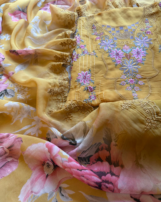 Pakistani threads work soft organza suit set