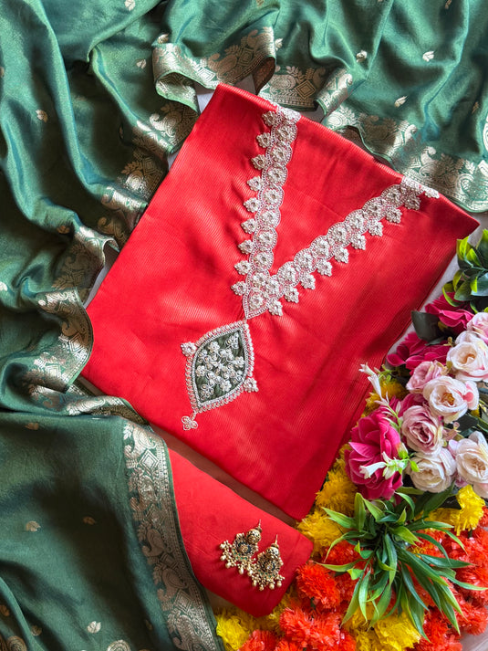 Shimmer lines combination cotton silk suit set with jacquard dupatta