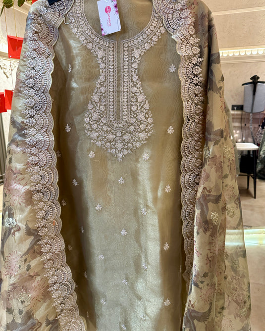 Golden tissue dori suit set with digital dupatta