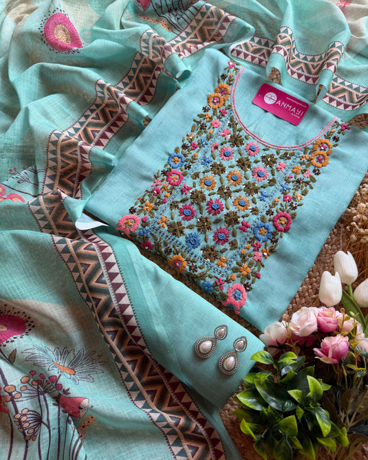 Fine linen French knot garden neck suit set